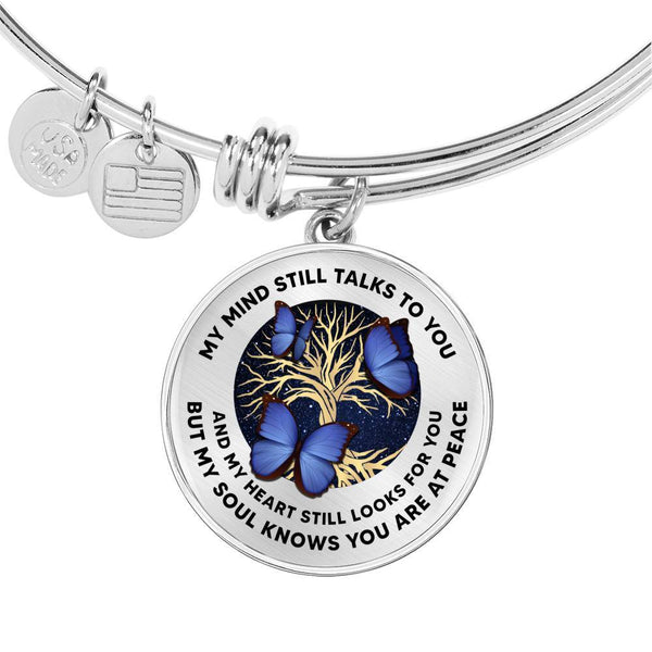 My Mind Still Talks To You Three Blue Butterflies Tree Of Life Circle Adjustable Luxury Bangle with Back Engraving