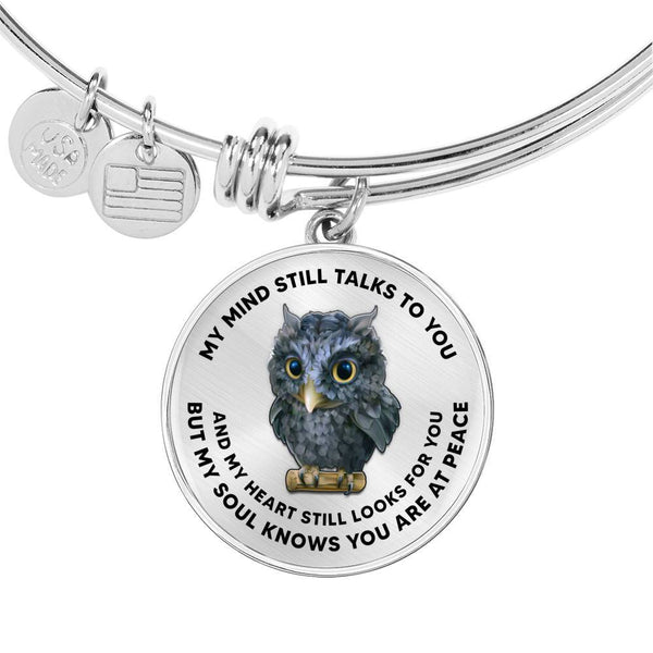 My Mind Still Talks To You Owl Circle Adjustable Luxury Bangle with Back Engraving