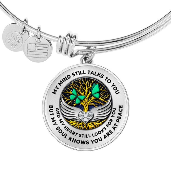 B0713018 My Mind Still Talks To You Green Butterflies Gold Tree Of Life With Heart Wings Circle Adjustable Luxury Bangle with Back Engraving