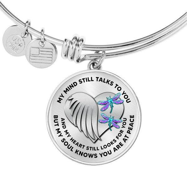 JL1407015 My Mind Still Talks To You Turquoise Dragonflies Heart Wing Silver Circle Adjustable Luxury Bangle with Back Engraving