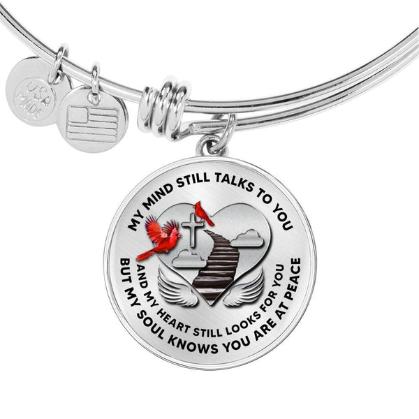 C0713003 My Mind Still Talks To You Red Cardinals Stair Way To Heaven With Silver Cross Circle Adjustable Luxury Bangle with Back Engraving