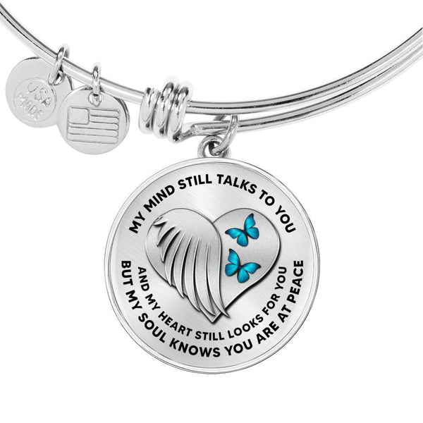JL1407009 My Mind Still Talks To You Turquoise Butterflies Heart Wing Silver Circle Adjustable Luxury Bangle with Back Engraving