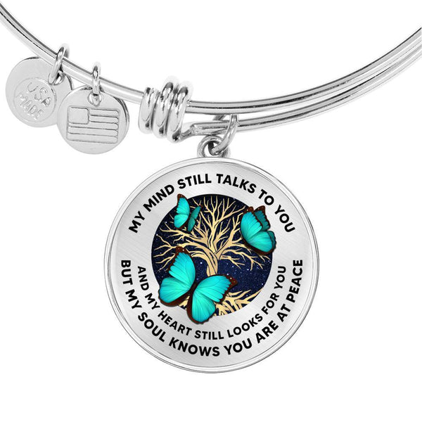 My Mind Still Talks To You Three Turquoise Butterflies Tree Of Life Circle Adjustable Luxury Bangle with Back Engraving