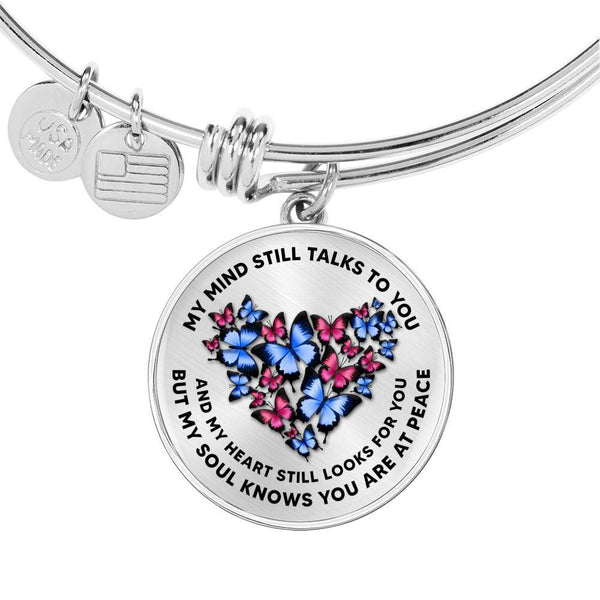 My Mind Still Talks To You Blue and Pink Butterflies Heart Shape 020520VTC08 Circle Adjustable Luxury Bangle with Back Engraving