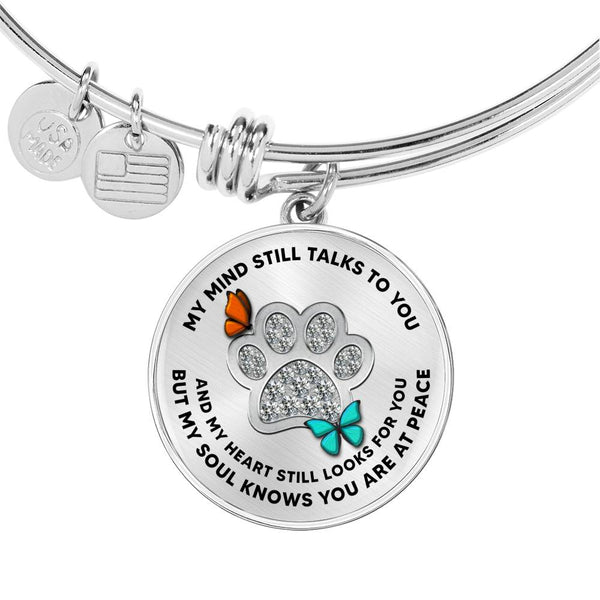 JL1507030 My Mind Orange And Turquoise Butterflies Silver One Paw Circle Adjustable Luxury Bangle with Back Engraving