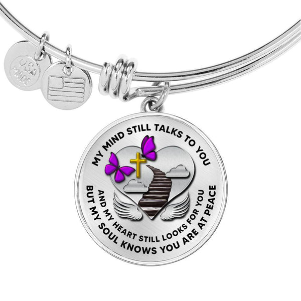 B0713020 My Mind Still Talks To You Purple Butterflies Stair Way To Heaven With Gold Cross Circle Adjustable Luxury Bangle with Back Engraving