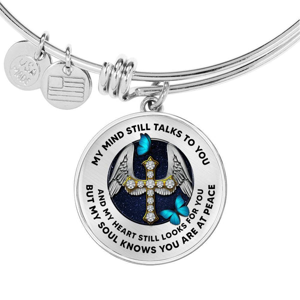 JL1407012 My Mind Still Talks To You Turquoise Butterflies Cross Wings  Circle Adjustable Luxury Bangle with Back Engraving