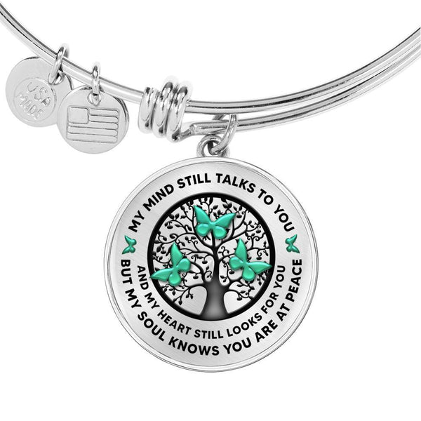 My Mind Still Talks To You Turquoise Butterfly Black Tree Of Life Circle Adjustable Luxury Bangle with Back Engraving