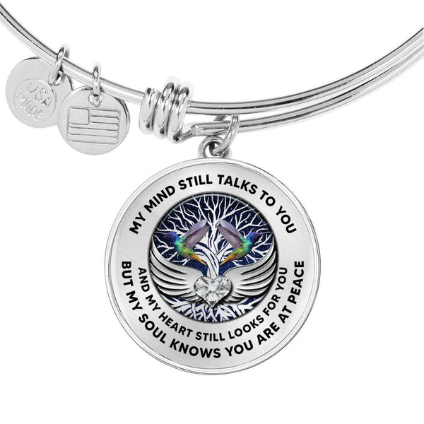 H0713009 My Mind Still Talks To You Turquoise Hummingbirds Silver Tree Of Life With Heart Wings Circle Adjustable Luxury Bangle with Back Engraving