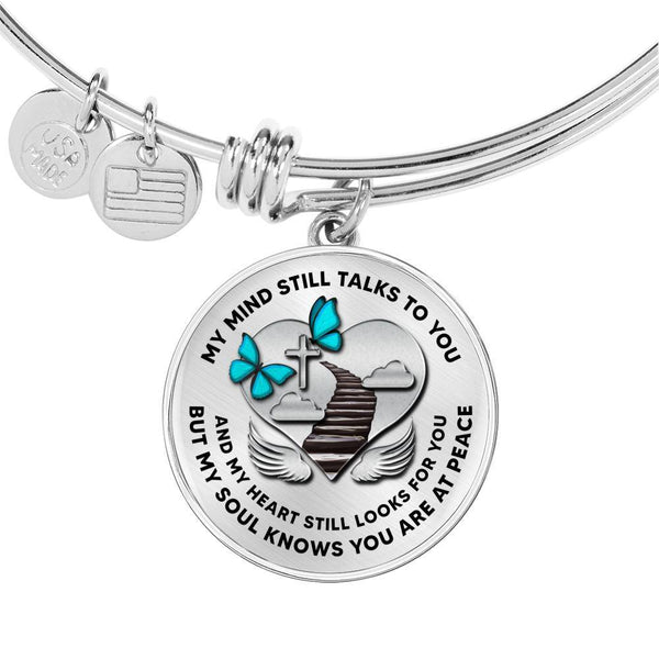 B0713002 My Mind Still Talks To You Turquoise Butterflies Stair Way To Heaven With Silver Cross Circle Adjustable Luxury Bangle with Back Engraving
