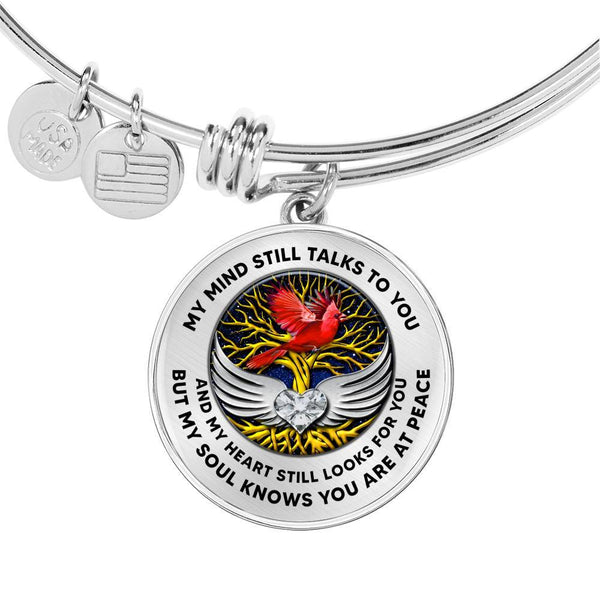 C0713004 My Mind Still Talks To You Red Cardinal Gold Tree Of Life With Heart Wings Circle Adjustable Luxury Bangle with Back Engraving
