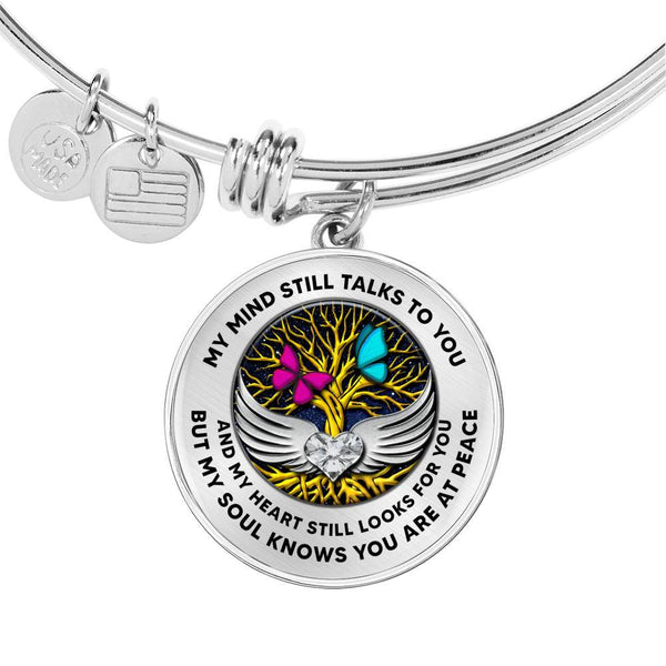B0713022 My Mind Still Talks To You Pink And Turquoise Butterflies Gold Tree Of Life With Heart Wings Circle Adjustable Luxury Bangle with Back Engraving