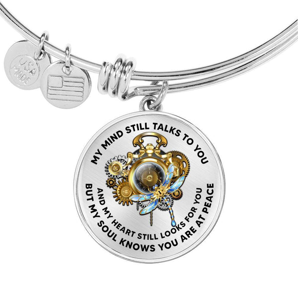 My Mind Still Talks To You Steampunk Clock Face With Mechanical Dragonfly, Circle Adjustable Luxury Bangle with Back Engraving