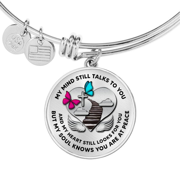 B07130016 My Mind Still Talks To You Pinnk And Turquoise Butterflies Stair Way To Heaven With Silver Cross Circle Adjustable Luxury Bangle with Back Engraving