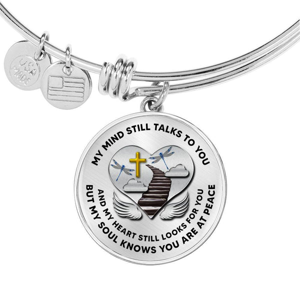 D0713009My Mind Still Talks To You Blue Dragonflies Stair Way To Heaven With Gold Cross Circle Adjustable Luxury Bangle with Back Engraving