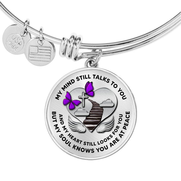 B07130013 My Mind Still Talks To You Purple Butterflies Stair Way To Heaven With Silver Cross Circle Adjustable Luxury Bangle with Back Engraving
