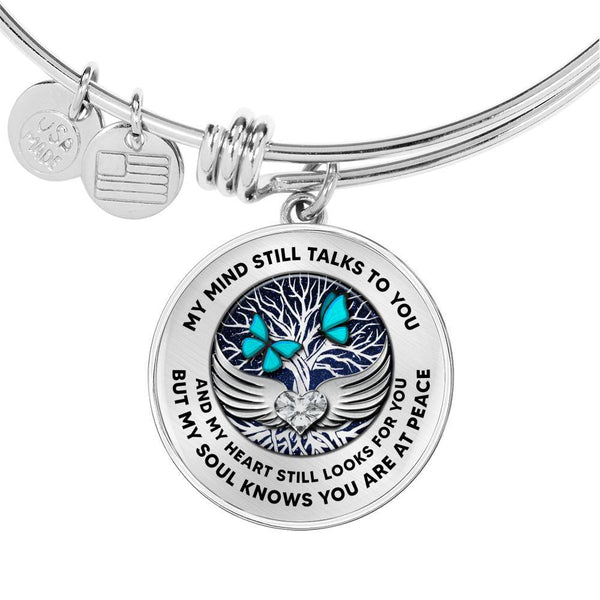 B0713005 My Mind Still Talks To You Turquoise Butterflies Silver Tree Of Life With Heart Wings Circle Adjustable Luxury Bangle with Back Engraving
