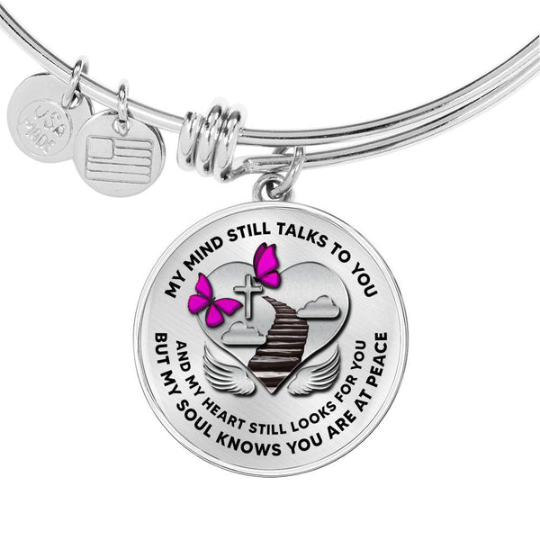 B07130012 My Mind Still Talks To You Pink Butterflies Stair Way To Heaven With Silver Cross Circle Adjustable Luxury Bangle with Back Engraving