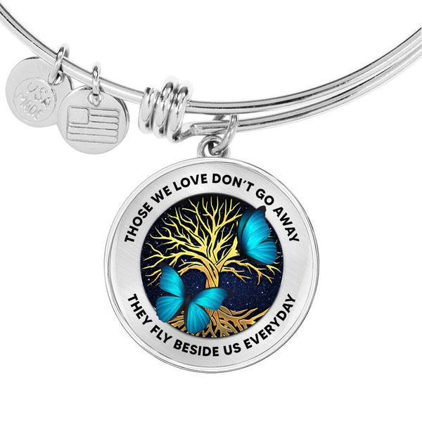 Those We Love Don't Go Away Blue Butterflies Tree Of Life Circle Adjustable Luxury Bangle with Back Engraving