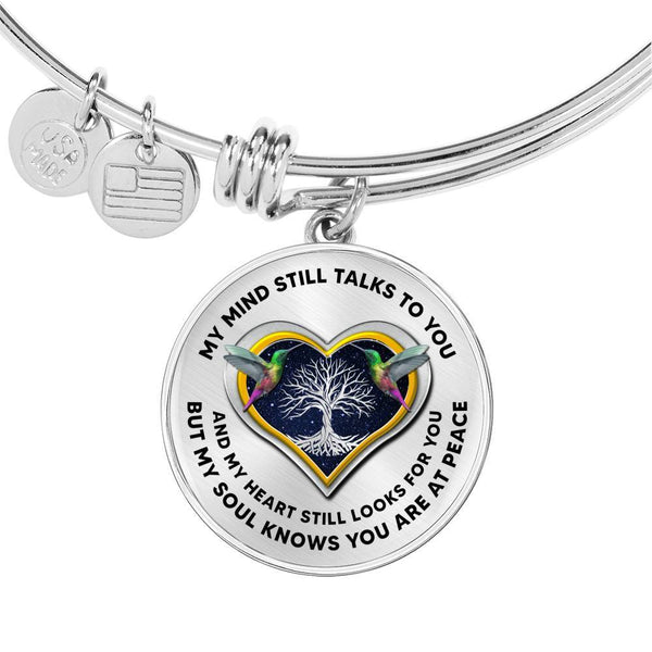 JL1407039 My Mind Still Talks To You Green Hummingbirds Tree Of Life And Heart Circle Adjustable Luxury Bangle with Back Engraving