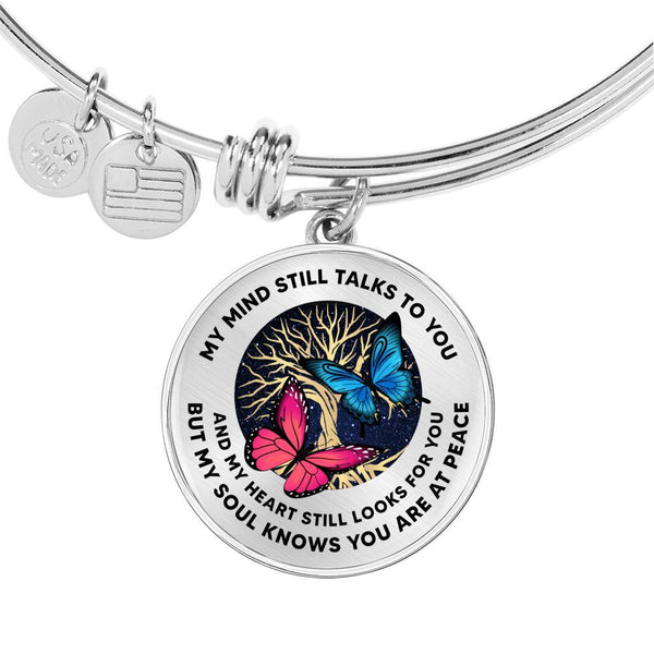 My Mind Still Talks To You Tropical Blue And Red Butterflies Circle Adjustable Luxury Bangle with Back Engraving