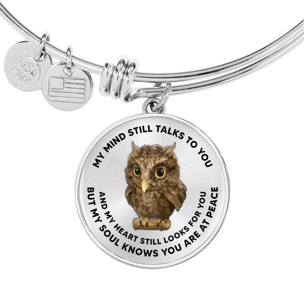 My Mind Still Talks To You Owl Night Bird Circle Adjustable Luxury Bangle with Back Engraving