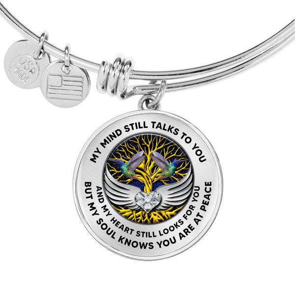 H0713008 My Mind Still Talks To You Turquoise Hummingbirds Gold Tree Of Life With Heart Wings Circle Adjustable Luxury Bangle with Back Engraving