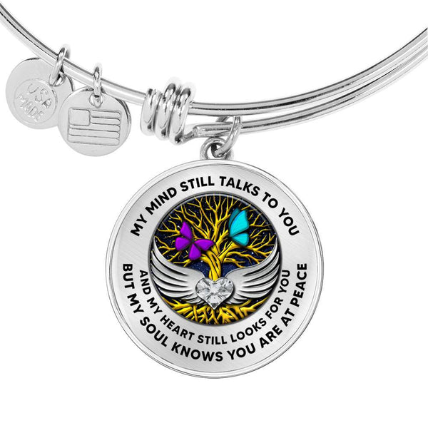 B0713021 My Mind Still Talks To You Purple And Turquoise Butterflies Gold Tree Of Life With Heart Wings Circle Adjustable Luxury Bangle with Back Engraving