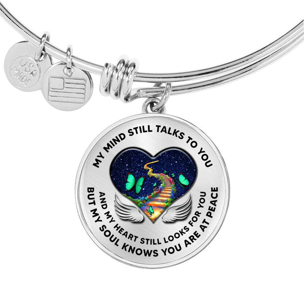 B0713001 My Mind Still Talks To You Turquoise Butterflies Stair Way To Heaven With Heart Wings Circle Adjustable Luxury Bangle with Back Engraving