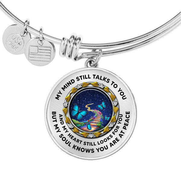 JL1407006 My Mind Still Talks To You Turquoise Butterflies Stairway To Heaven And Gold Wings Circle Adjustable Luxury Bangle with Back Engraving