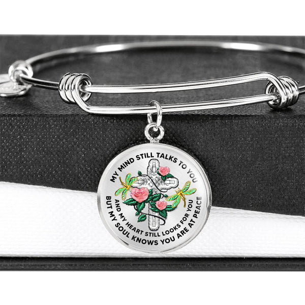JL2007003 My Mind Still Talks To You Golden Dragonflies Three Rose Green Leaves  And Silver Cross Circle Adjustable Luxury Bangle with Back Engraving