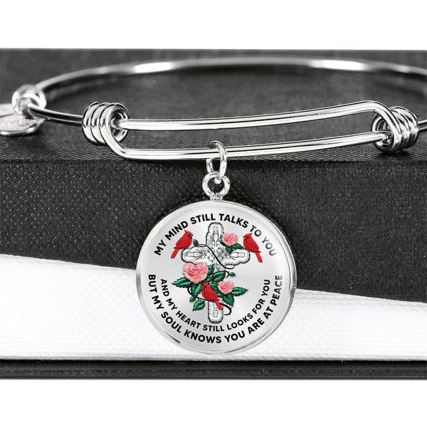 JL2007003 My Mind Still Talks To You Red Cardinals Three Rose Green Leaves  And Silver Cross Circle Adjustable Luxury Bangle with Back Engraving