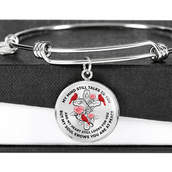 JL2007002 My Mind Still Talks To You Red Cardinals Three Rose And Silver Cross Circle Adjustable Luxury Bangle with Back Engraving