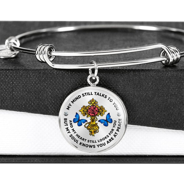 JL2107013 My Mind Still Talks To You  Blue Butterflies Rose Golden Cross Circle Adjustable Luxury Bangle with Back Engraving