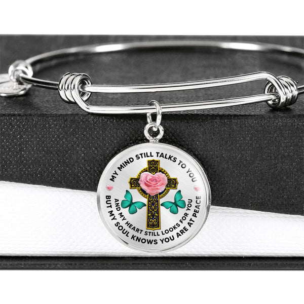 JL2007009 My Mind Still Talks To You Turquoise Butterflies Rose Golden Cross And Galaxy Circle Adjustable Luxury Bangle with Back Engraving