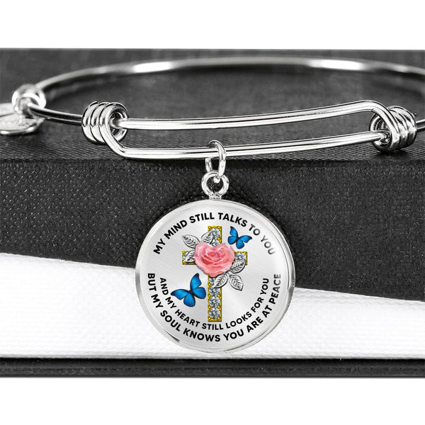 JL2007010 My Mind Still Talks To You Blue Butterflies Rose Golden Cross Circle Adjustable Luxury Bangle with Back Engraving