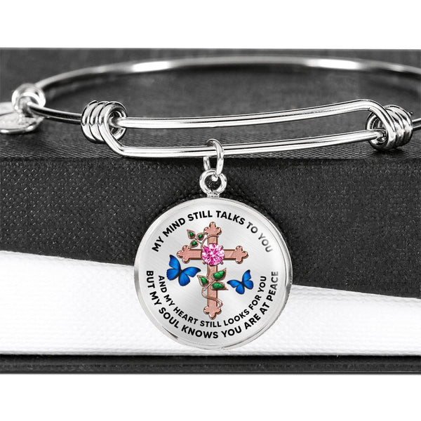JL2107021 My Mind Still Talks To You  Blue Butterflies Rose Gold Cross Ruby Circle Adjustable Luxury Bangle with Back Engraving