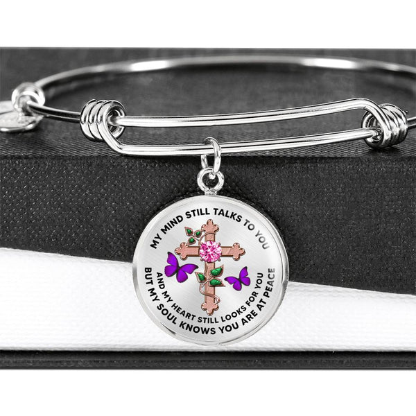 JL2107022 My Mind Still Talks To You  Purple Butterflies Rose Gold Cross Ruby Circle Adjustable Luxury Bangle with Back Engraving