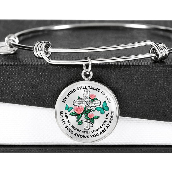 JL2007007 My Mind Still Talks To You Turquoise ButterfliesThree Rose Green Leaves  And Silver Cross Circle Adjustable Luxury Bangle with Back Engraving