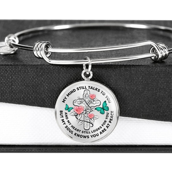 JL2007006 My Mind Still Talks To You Turquoise Butterflies Three Rose And Silver Cross Circle Adjustable Luxury Bangle with Back Engraving