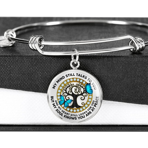 JL2407022 My Mind Still Talks To You Blue Butterflies And Black Tree Of Life Circle Adjustable Luxury Bangle with Back Engraving