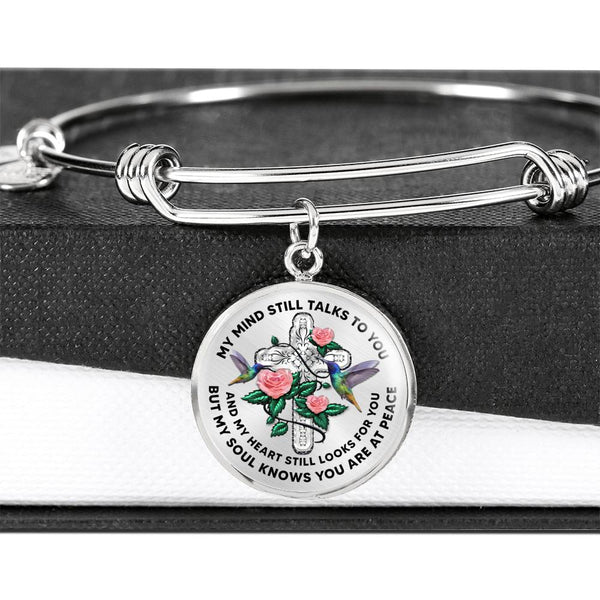 JL2007003 My Mind Still Talks To You Hummingbird Three Rose Green Leaves  And Silver Cross Circle Adjustable Luxury Bangle with Back Engraving