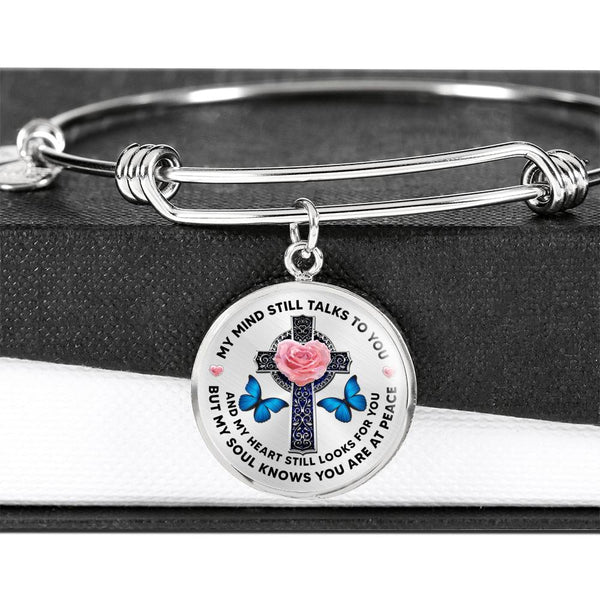 JL2007016 My Mind Still Talks To You Blue Butterflies Rose Cross And Galaxy Circle Adjustable Luxury Bangle with Back Engraving