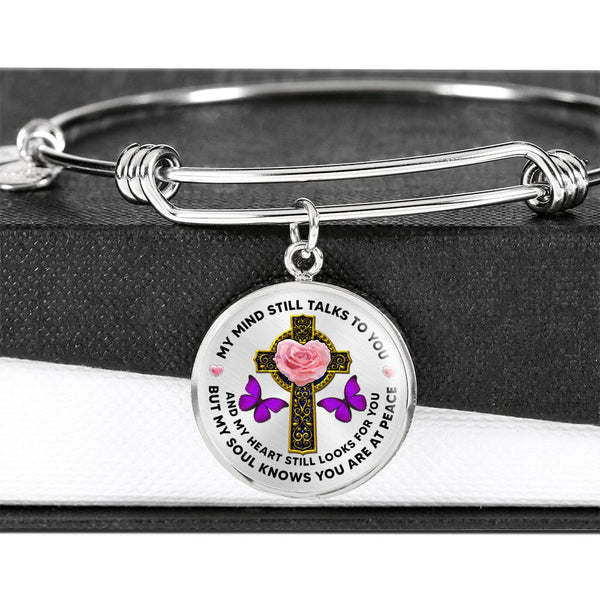 JL2007019 My Mind Still Talks To You Purple Butterflies Rose Golden Cross And Galaxy Circle Adjustable Luxury Bangle with Back Engraving