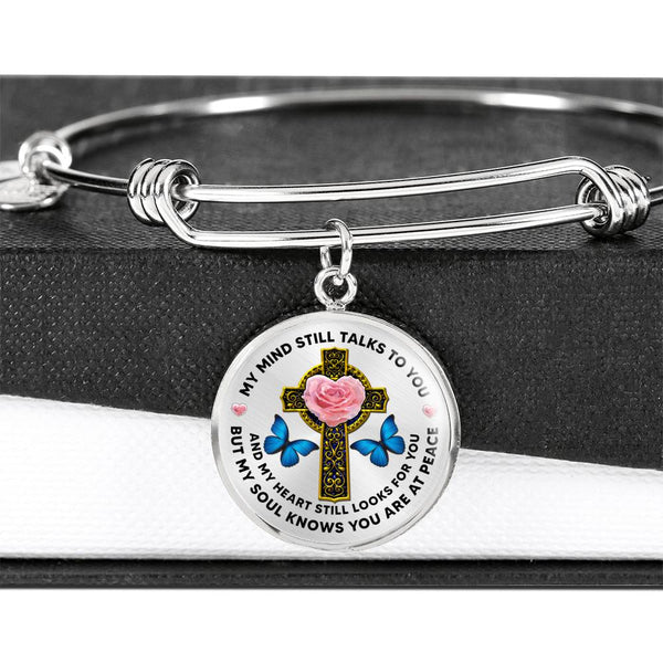JL2007018 My Mind Still Talks To You Blue Butterflies Rose Golden Cross And Galaxy Circle Adjustable Luxury Bangle with Back Engraving