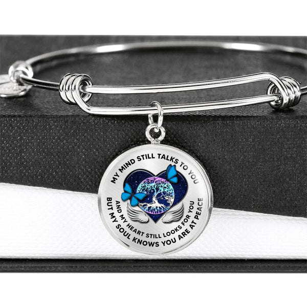 JL2207021 My Mind Still Talks To You Blue Butterflies Tree Of Life Heart Wings With Galaxy Circle Adjustable Luxury Bangle with Back Engraving