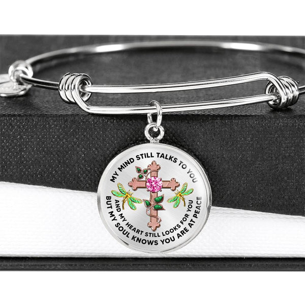 JL2107006 My Mind Still Talks To You Golden Dragonflies Rose Gold Cross Ruby Circle Adjustable Luxury Bangle with Back Engraving