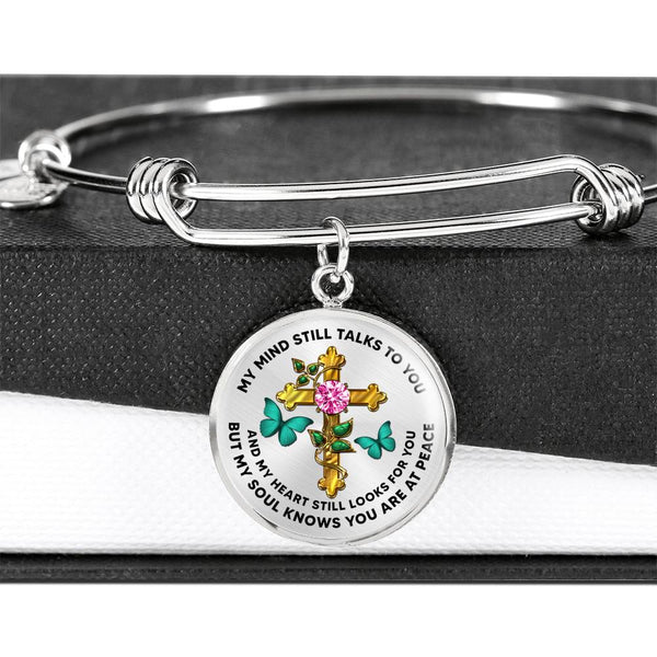 JL2107007 My Mind Still Talks To You  Turquoise Butterflies Golden Cross Ruby Circle Adjustable Luxury Bangle with Back Engraving