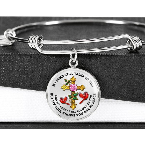 JL2107007 My Mind Still Talks To You Red Cardinals Golden Cross Ruby Circle Adjustable Luxury Bangle with Back Engraving