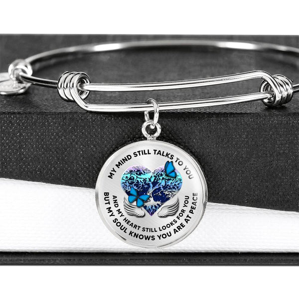 JL2207017 My Mind Still Talks To You Blue Butterflies Metal Tree Of Life With Heart Wings Circle Adjustable Luxury Bangle with Back Engraving